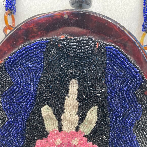 Hand Beaded and Sewn Beaded Bag/Purse wit Tortoise Shell Frame Antique Victorian - Picture 6 of 10